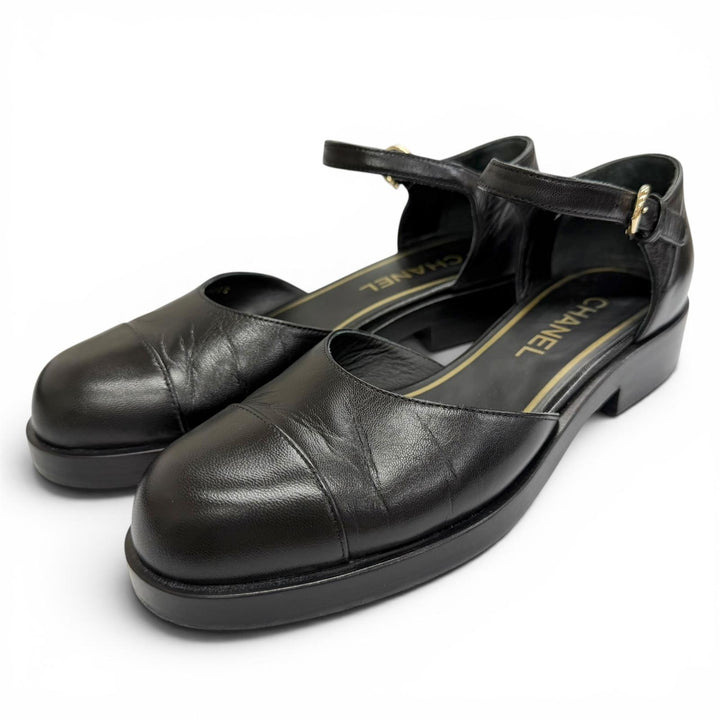 Great CHANEL pumps Merry Jane COCO MarkChain Ankle Strap black leather 38 G39858