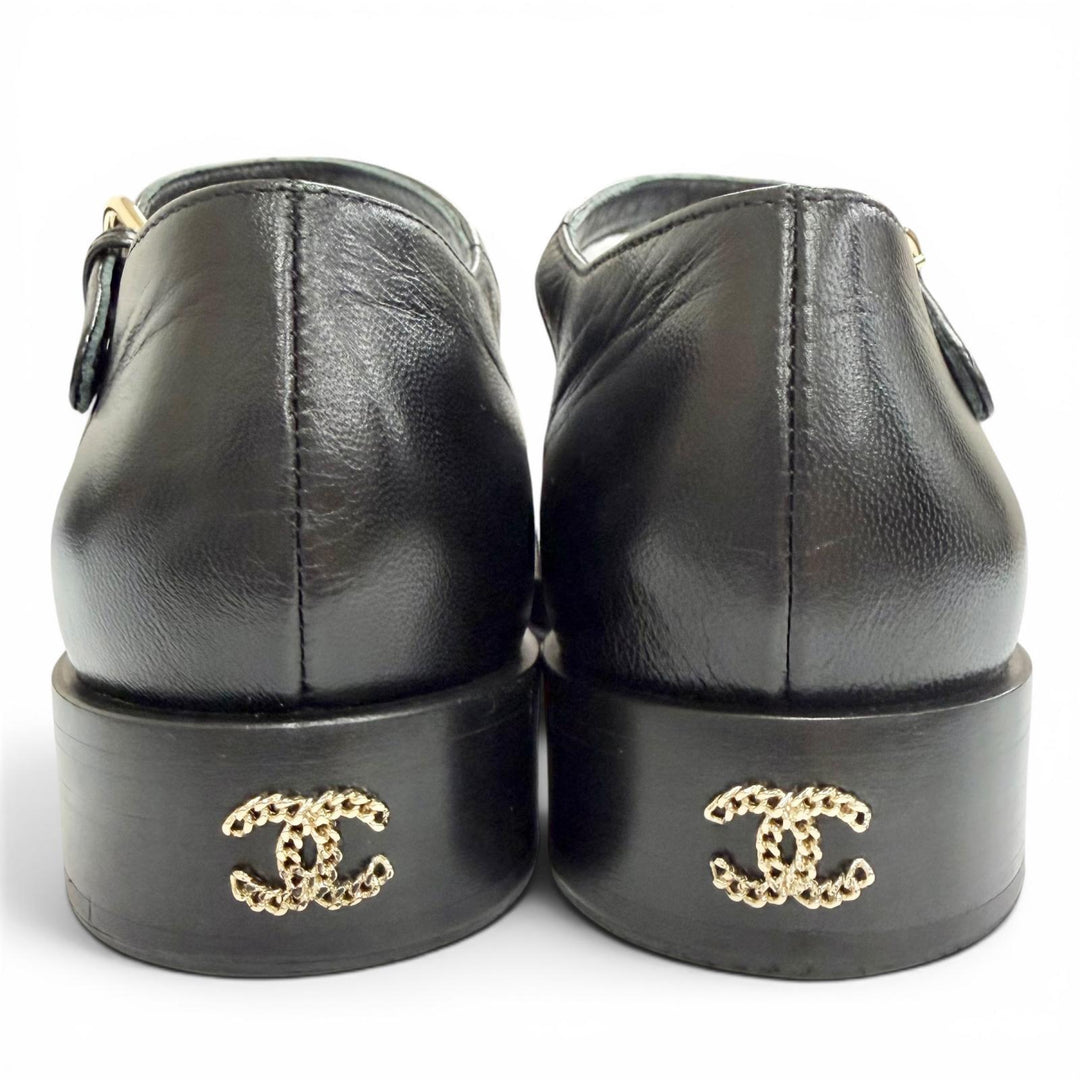 Great CHANEL pumps Merry Jane COCO MarkChain Ankle Strap black leather 38 G39858