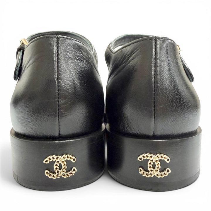 Great CHANEL pumps Merry Jane COCO MarkChain Ankle Strap black leather 38 G39858