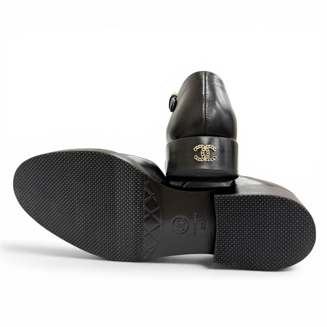 Great CHANEL pumps Merry Jane COCO MarkChain Ankle Strap black leather 38 G39858