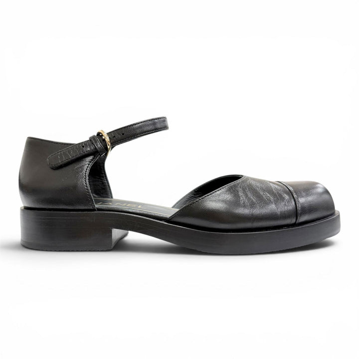 Great CHANEL pumps Merry Jane COCO MarkChain Ankle Strap black leather 38 G39858
