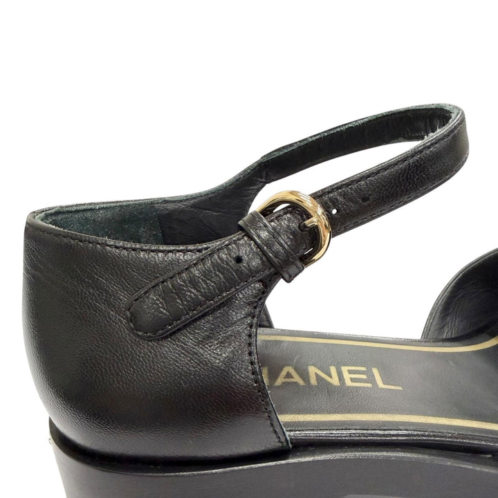 Great CHANEL pumps Merry Jane COCO MarkChain Ankle Strap black leather 38 G39858