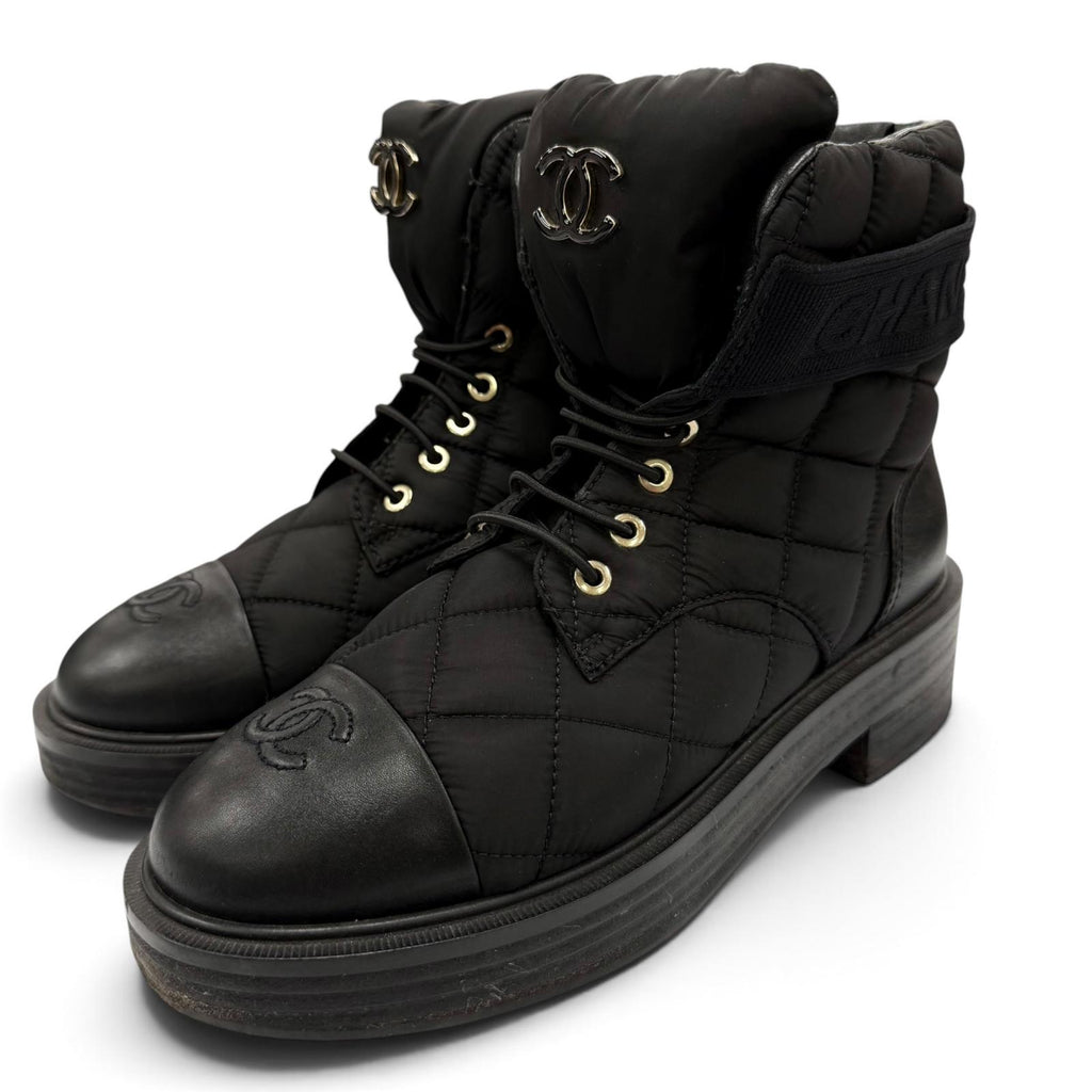 Good CHANEL short boots COCO Mark Logo Matelassé Leather black