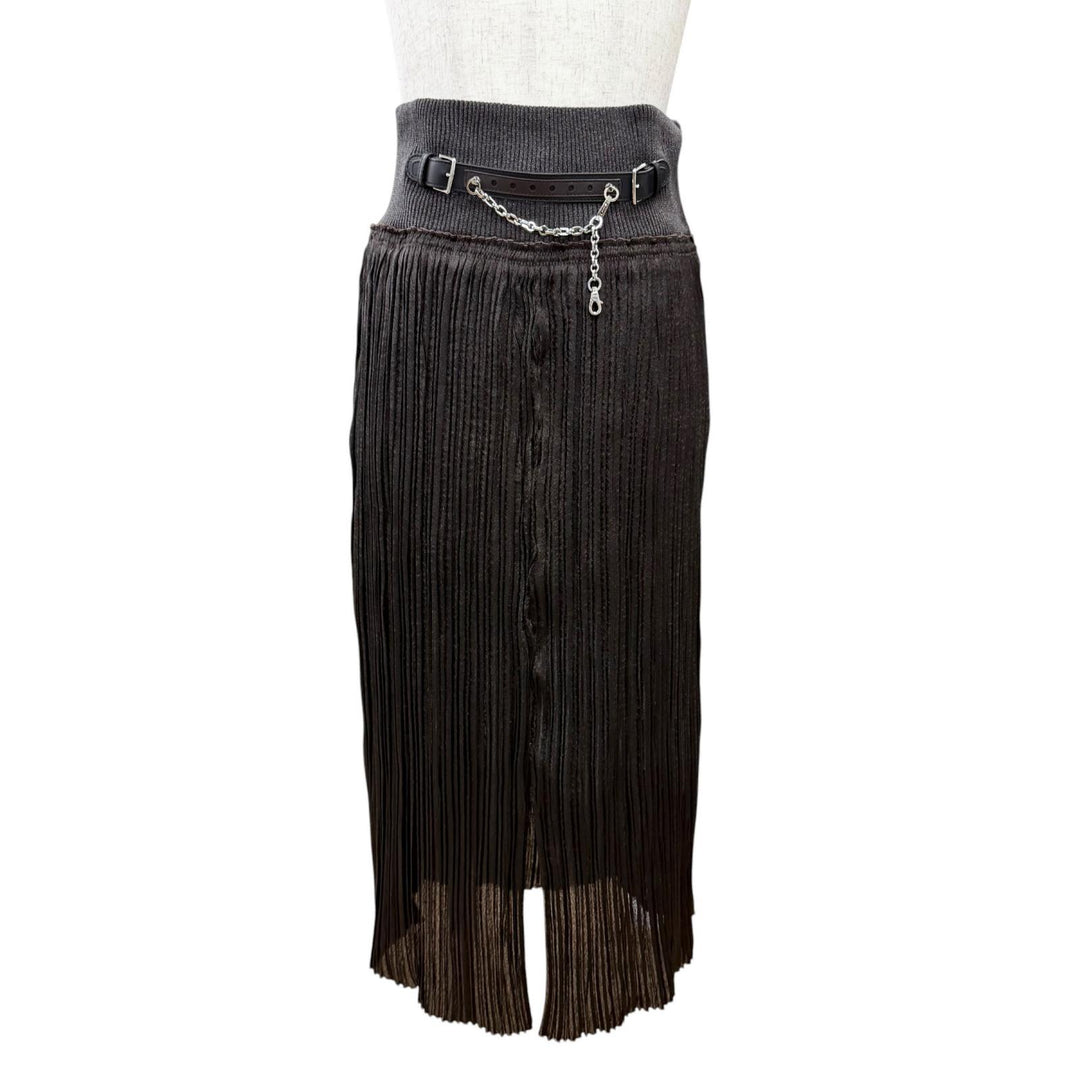 Excellent HERMES Pleated skirt Leather trim with chain brown 38 3H0301DB