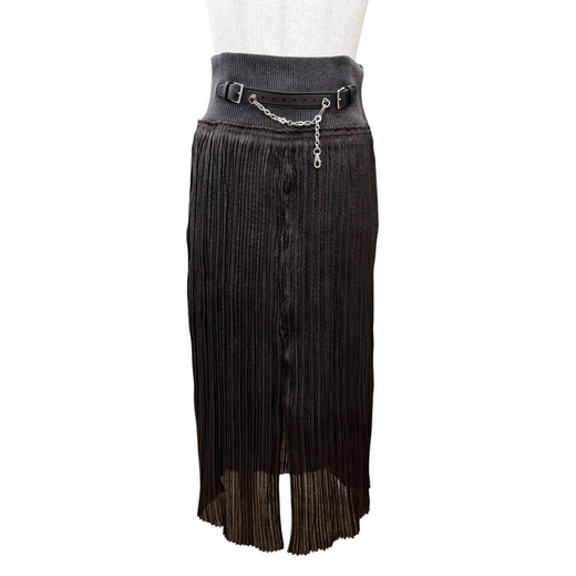 Excellent HERMES Pleated skirt Leather trim with chain brown 38 3H0301DB