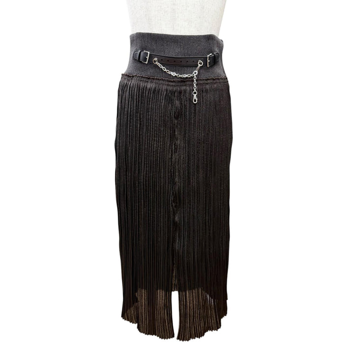 Excellent HERMES Pleated skirt Leather trim with chain brown 38 3H0301DB