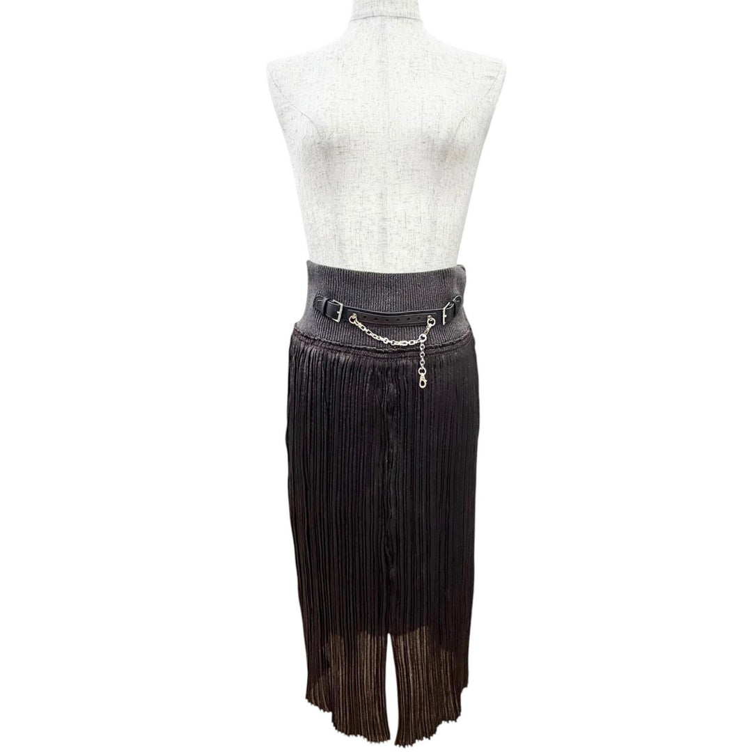 Excellent HERMES Pleated skirt Leather trim with chain brown 38 3H0301DB