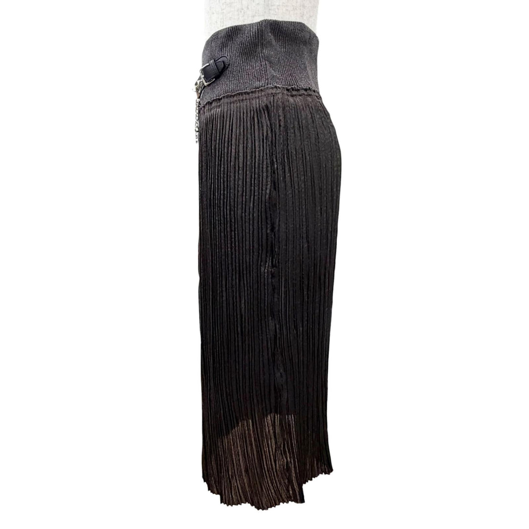 Excellent HERMES Pleated skirt Leather trim with chain brown 38 3H0301DB