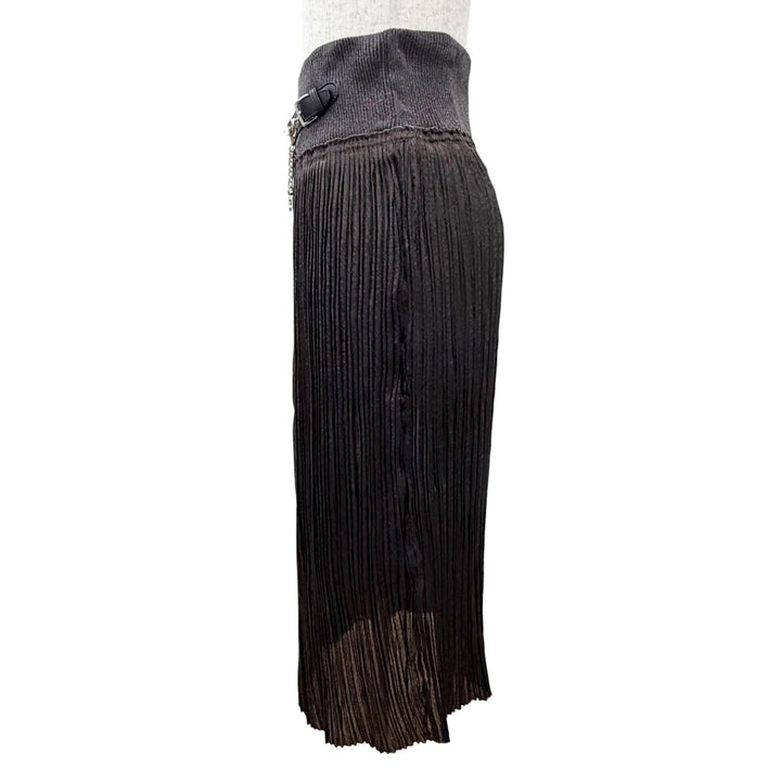 Excellent HERMES Pleated skirt Leather trim with chain brown 38 3H0301DB