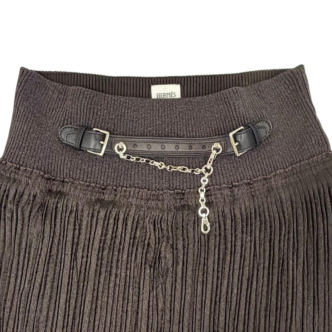 Excellent HERMES Pleated skirt Leather trim with chain brown 38 3H0301DB