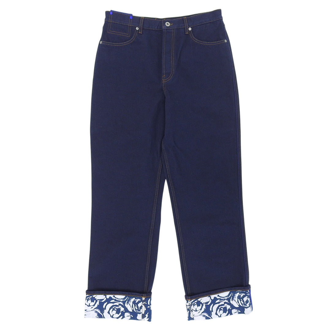 Pristine BURBERRY Denim pants Rose print roll-up Indigo blue cotton 80807741
