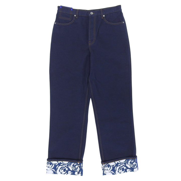 Pristine BURBERRY Denim pants Rose print roll-up Indigo blue cotton 80807741