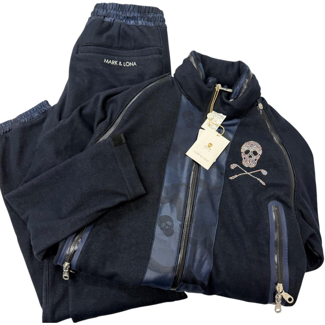 Pristine MARK & LONA two-piece set Swarovski Skull Blouson Jogger Pants Navy