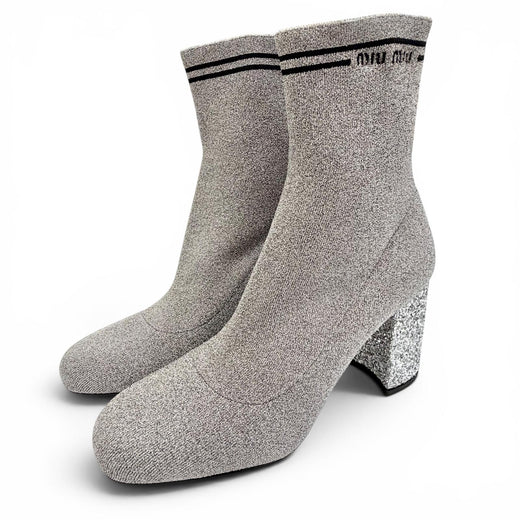 Excellent MIUMIU Ankle boots Logo glitter heel knit sock boots gray Women 36