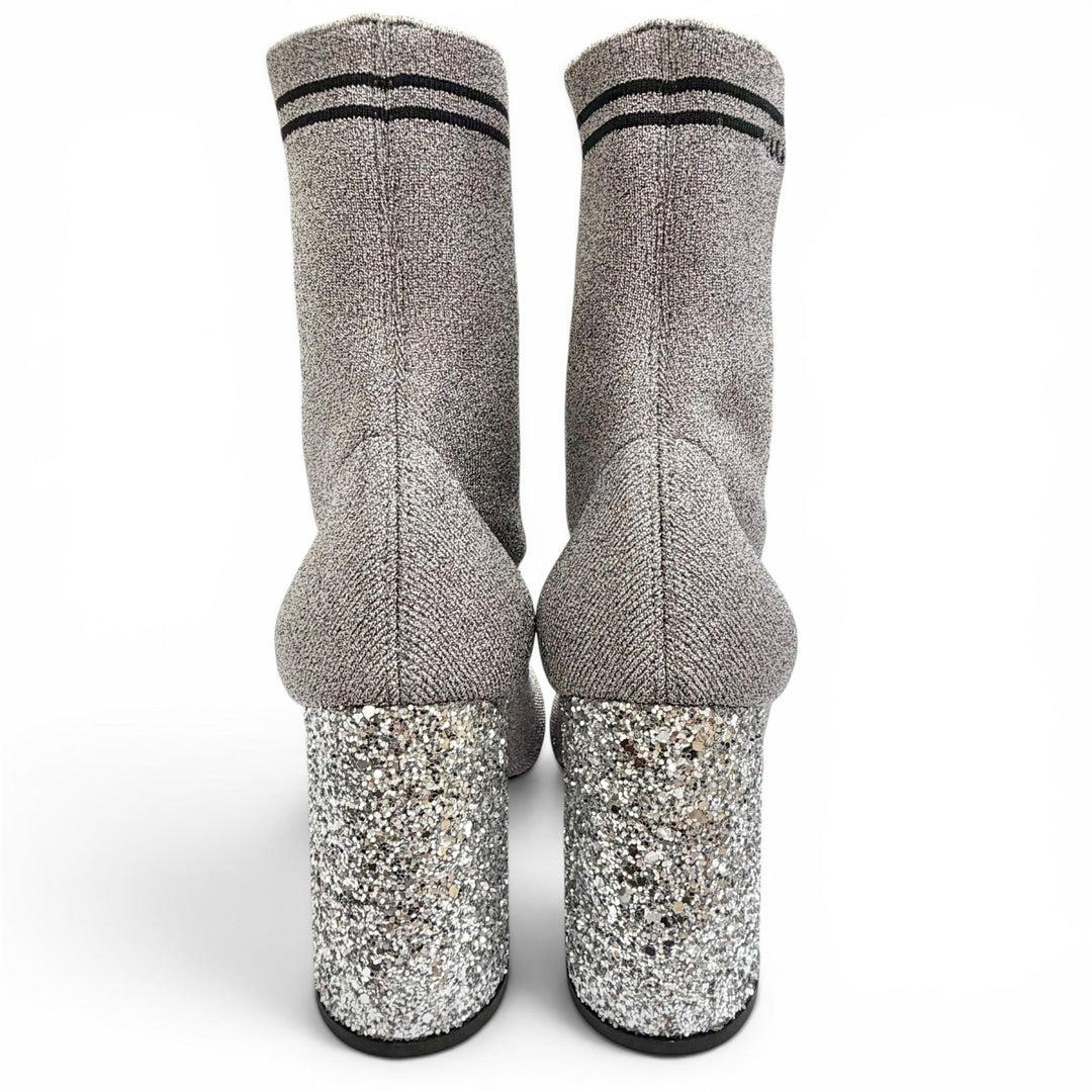 Excellent MIUMIU Ankle boots Logo glitter heel knit sock boots gray Women 36