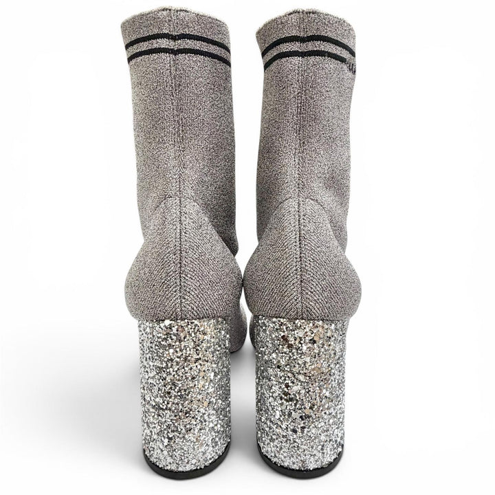 Excellent MIUMIU Ankle boots Logo glitter heel knit sock boots gray Women 36
