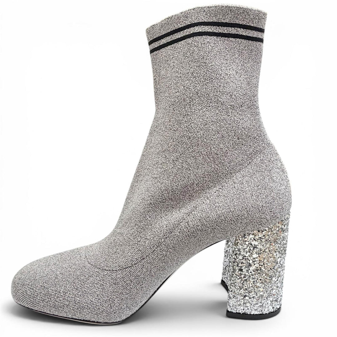 Excellent MIUMIU Ankle boots Logo glitter heel knit sock boots gray Women 36