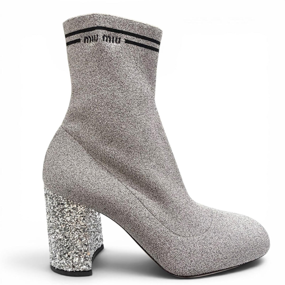 Excellent MIUMIU Ankle boots Logo glitter heel knit sock boots gray Women 36
