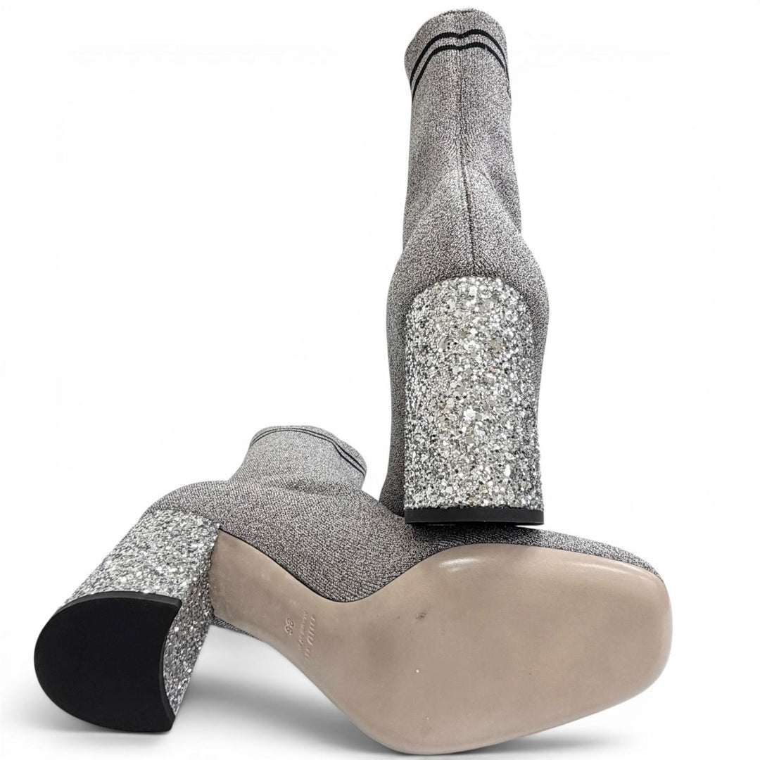 Excellent MIUMIU Ankle boots Logo glitter heel knit sock boots gray Women 36