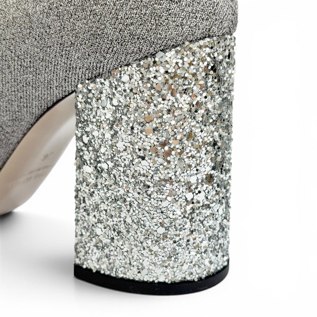 Excellent MIUMIU Ankle boots Logo glitter heel knit sock boots gray Women 36