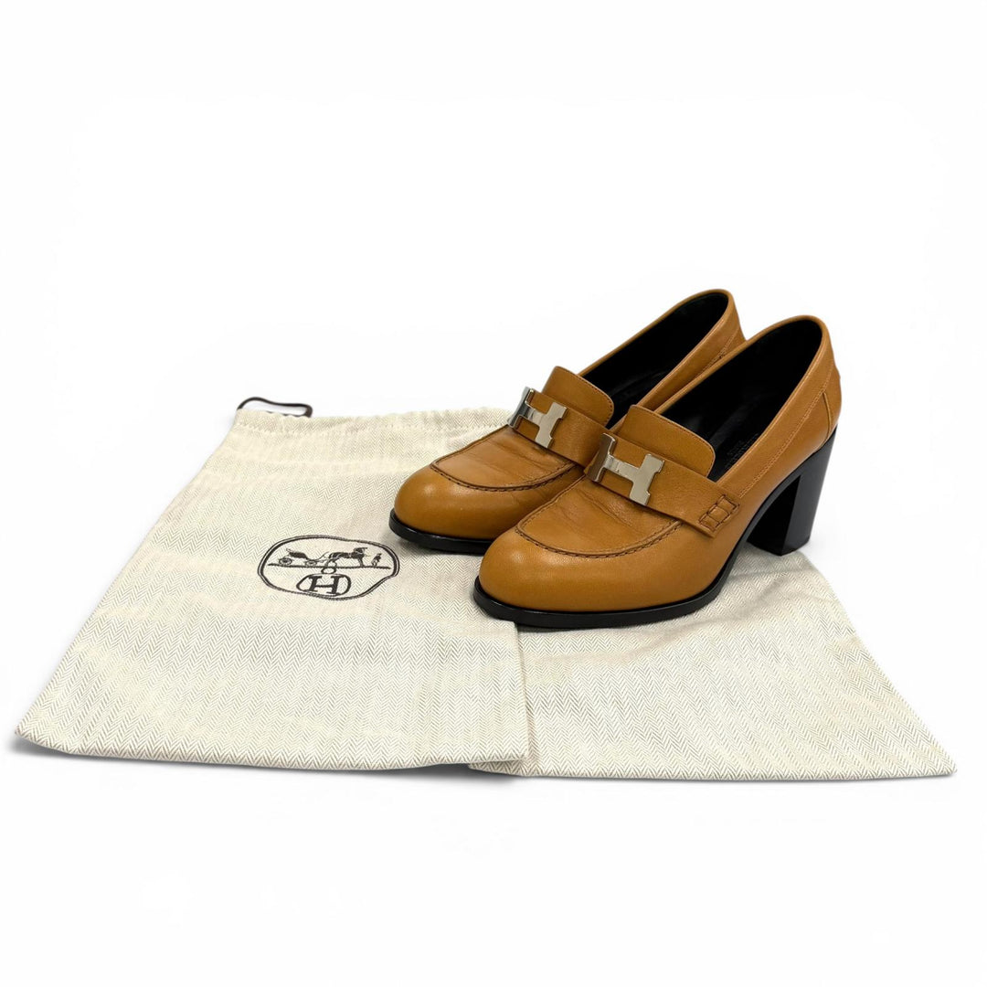 Excellent HERMES pumps dauphin 70 light brown leather Women 35.5 212091Z