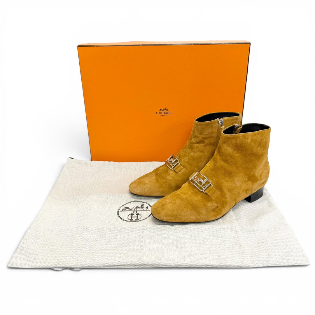 Great HERMES Ankle boots Carriage Logo Metal Side Zip Suede leather 38 192160Z