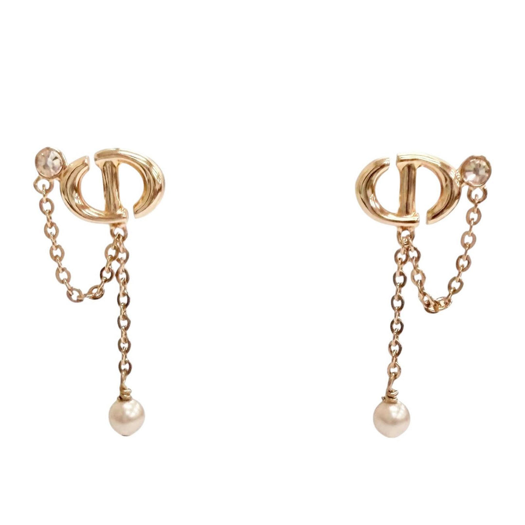 Excellent Christian Dior CDNavy Rhinestone and pearl dangling earrings gold
