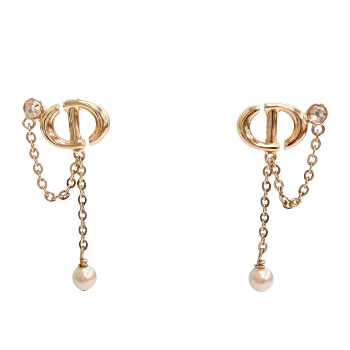 Excellent Christian Dior CDNavy Rhinestone and pearl dangling earrings gold