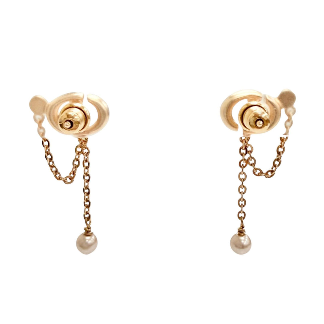 Excellent Christian Dior CDNavy Rhinestone and pearl dangling earrings gold