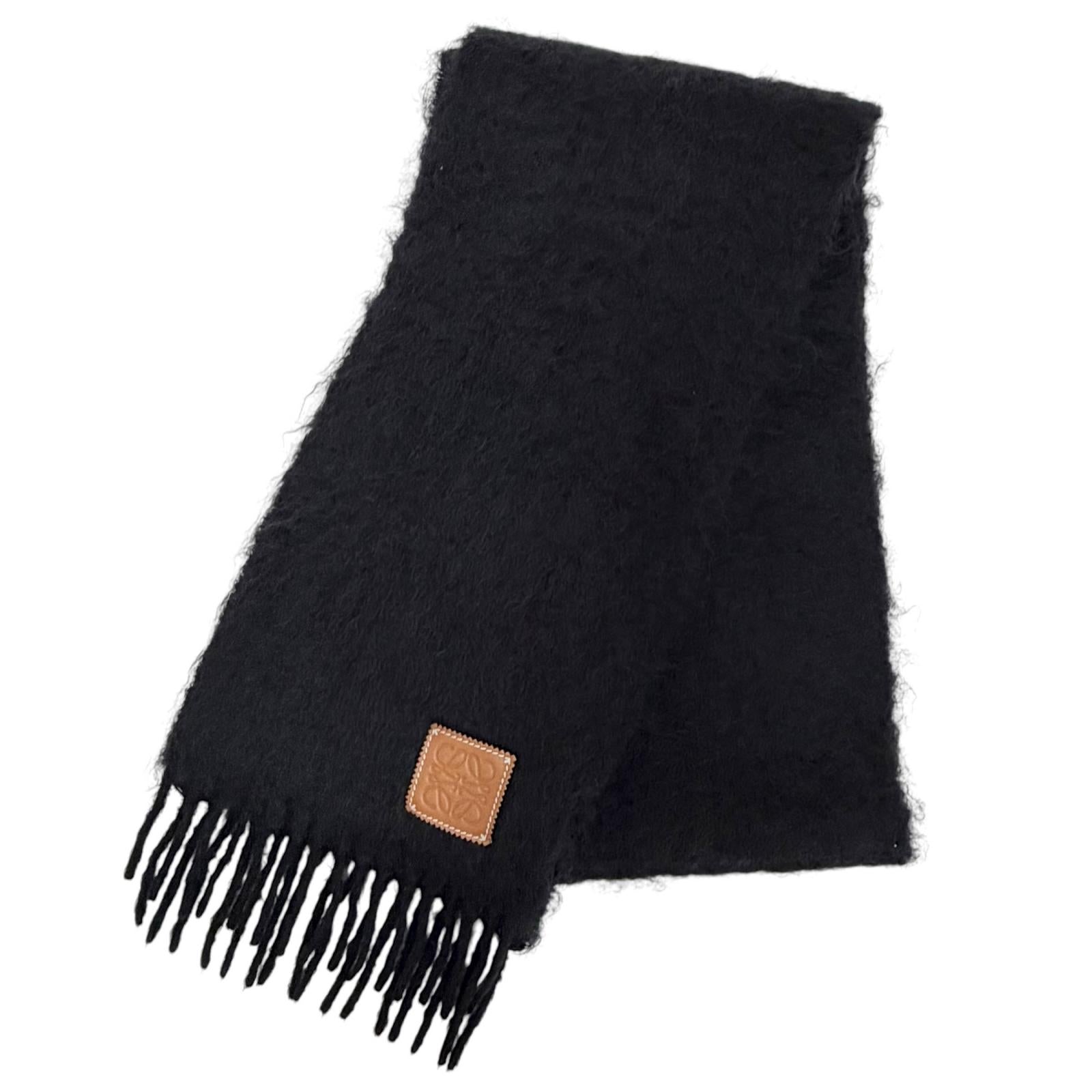 Excellent LOEWE Scarf Anagram logo leather patch fringe long black