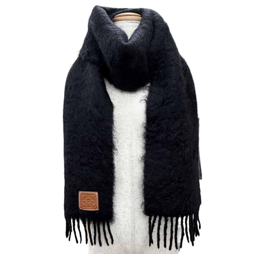 Excellent LOEWE Scarf Anagram logo leather patch fringe long black mohair Women