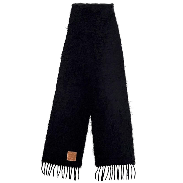 Excellent LOEWE Scarf Anagram logo leather patch fringe long black mohair Women