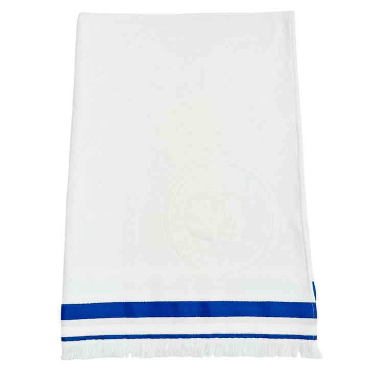 Pristine CHANEL COCO Mark Fringe Glitter Thread Large Beach Towel white 17P