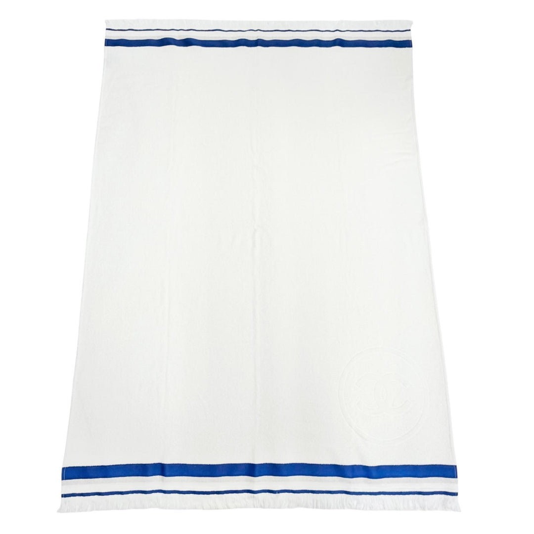 Pristine CHANEL COCO Mark Fringe Glitter Thread Large Beach Towel white 17P