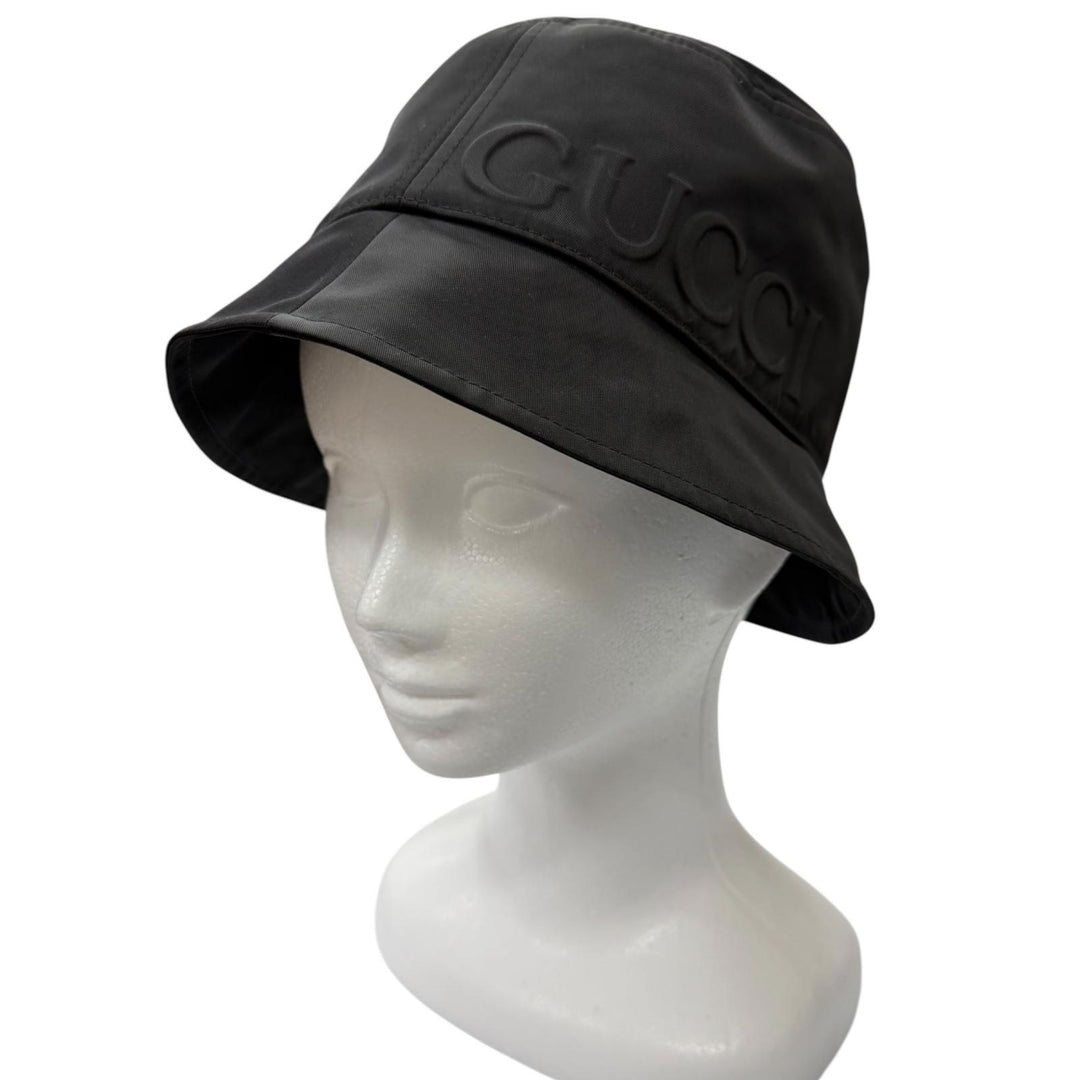 Excellent GUCCI hat Web stripe embossed logo bucket black Nylon
