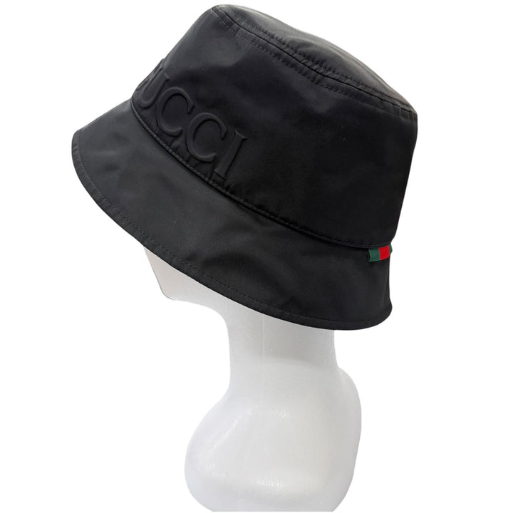 Excellent GUCCI hat Web stripe embossed logo bucket black Nylon