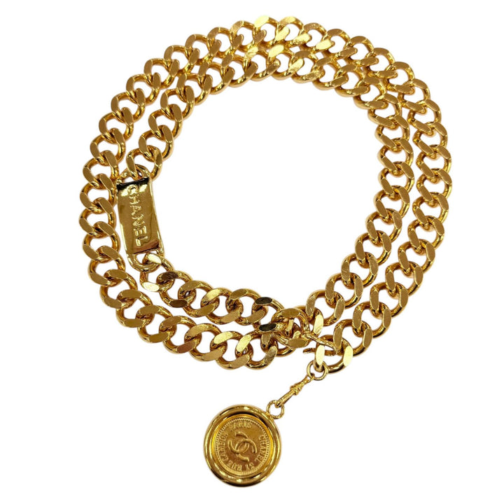 Great CHANEL belt With logo・COCO Mark coin chain belt gold metal Women 93A