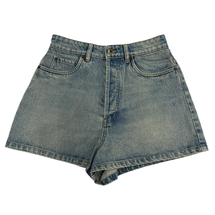Great MIUMIU Shorts Logo leather patch denim pants Indigo blue Women 25 GWP498