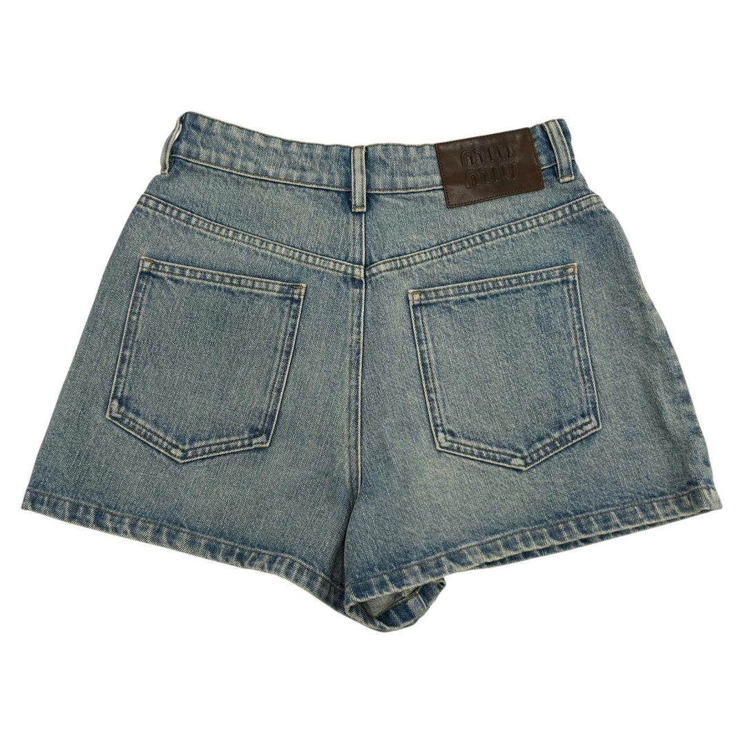 Great MIUMIU Shorts Logo leather patch denim pants Indigo blue Women 25 GWP498