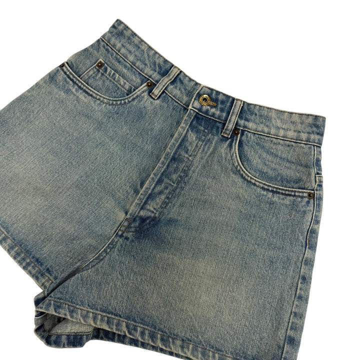 Great MIUMIU Shorts Logo leather patch denim pants Indigo blue Women 25 GWP498