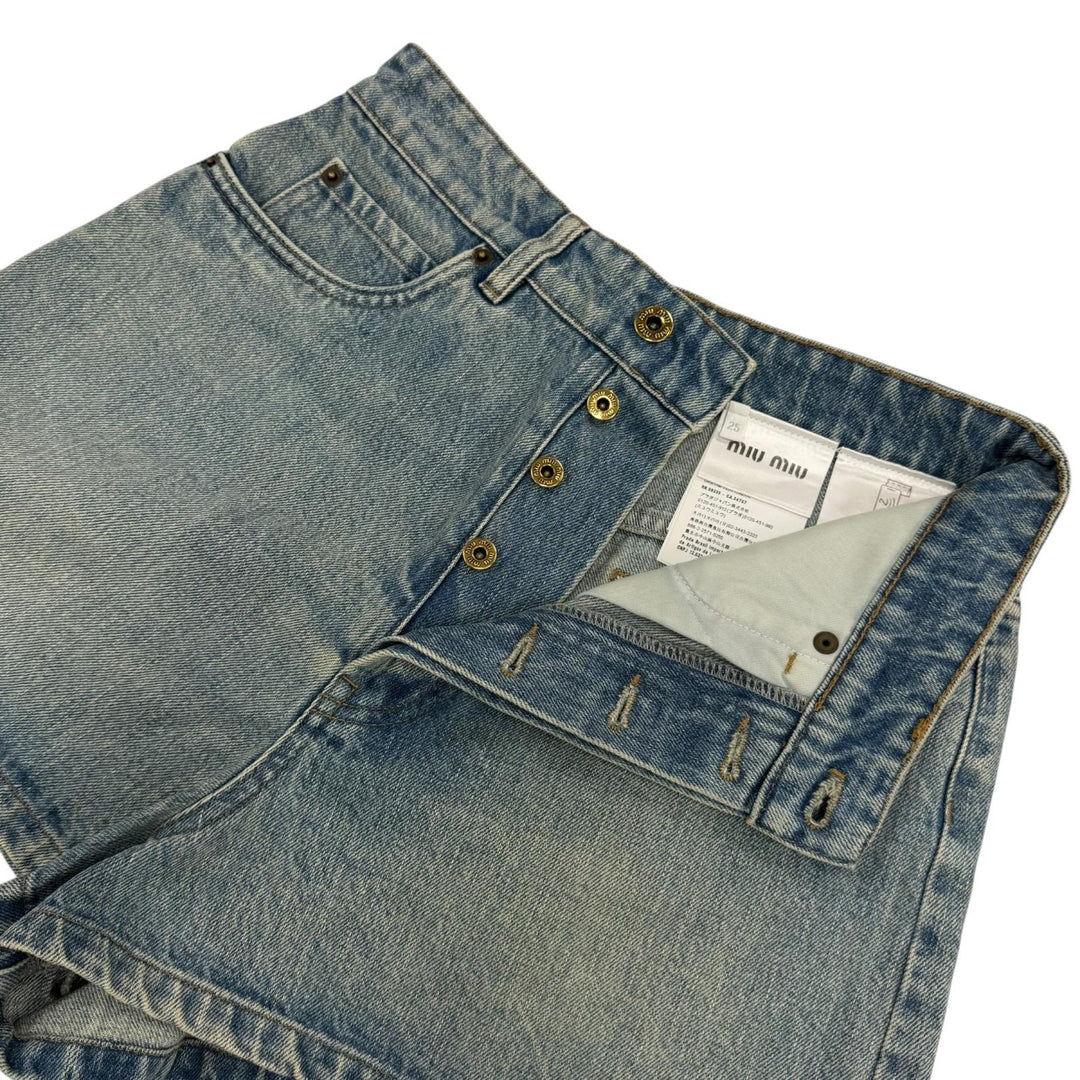 Great MIUMIU Shorts Logo leather patch denim pants Indigo blue Women 25 GWP498