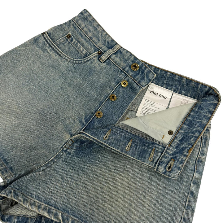 Great MIUMIU Shorts Logo leather patch denim pants Indigo blue Women 25 GWP498
