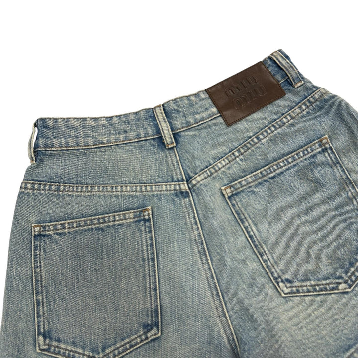 Great MIUMIU Shorts Logo leather patch denim pants Indigo blue Women 25 GWP498