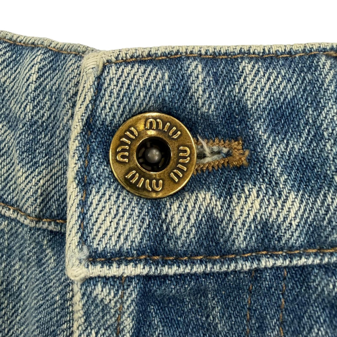 Great MIUMIU Shorts Logo leather patch denim pants Indigo blue Women 25 GWP498