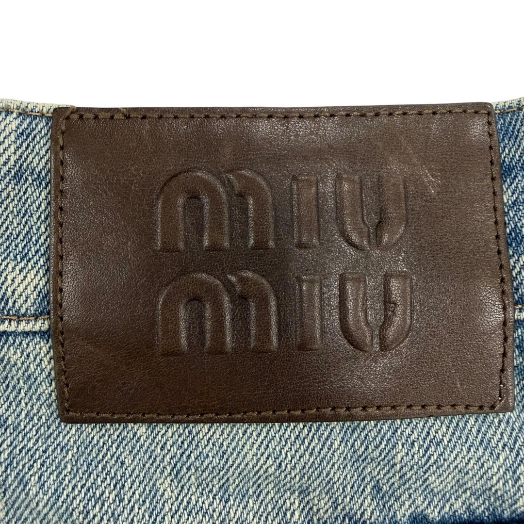 Great MIUMIU Shorts Logo leather patch denim pants Indigo blue Women 25 GWP498