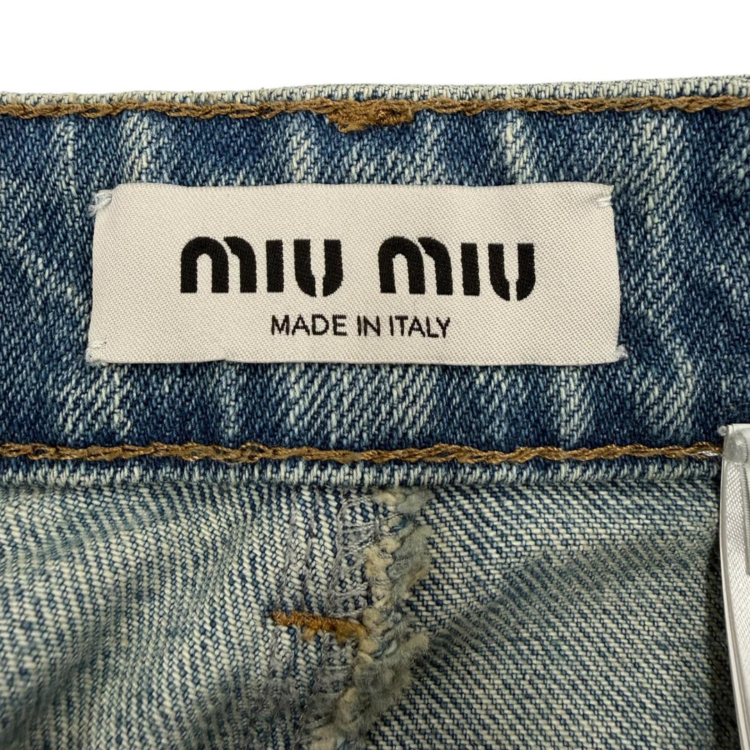 Great MIUMIU Shorts Logo leather patch denim pants Indigo blue Women 25 GWP498