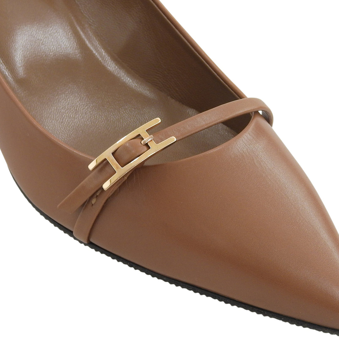 Excellent HERMES pumps Api buckle pointed toe Brown leather Women 36