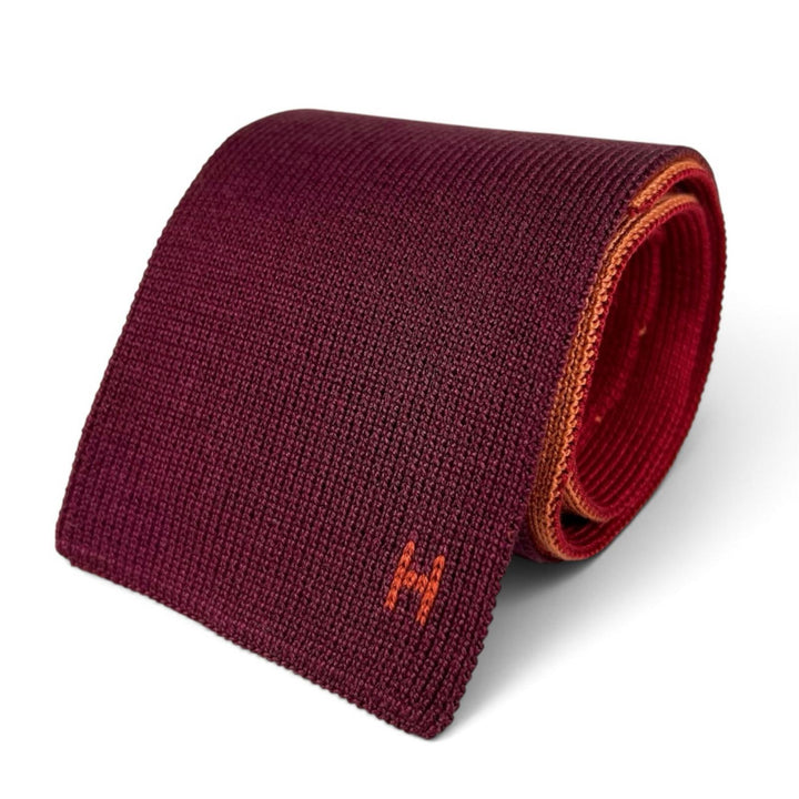 Excellent HERMES tie H logo embroidered bicolor knit tie Red silk mens