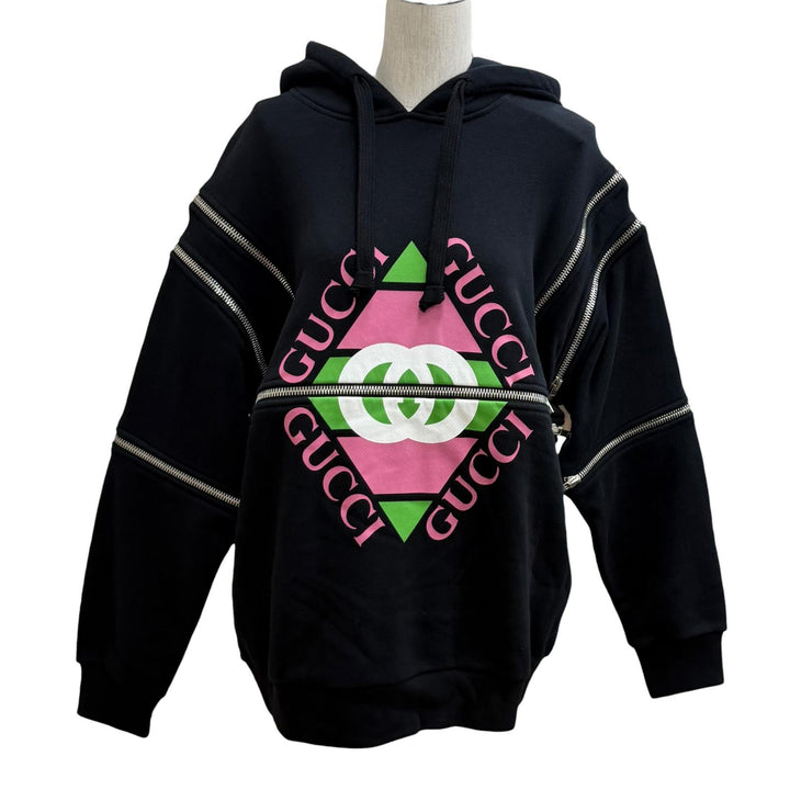 Excellent GUCCI hoodie Zip-up design logo hoodie black cotton Women XS 718409
