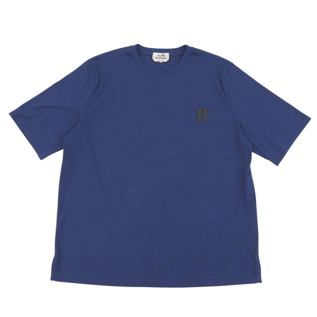 Pristine HERMES Short sleeve T-shirt Leather H Logo Crew Neck Navy L H657800HA60